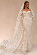 Bohemian Ivory Off-the-Shoulder Sheer Lace Mermaid Wedding Dress with Veil ZP128