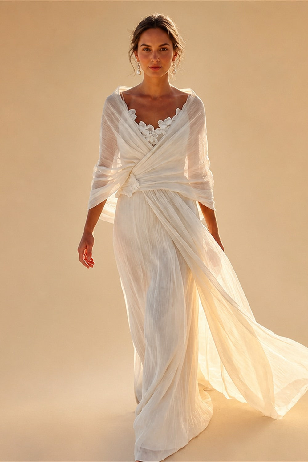 Grecian Boho Wedding Dress V‑Neck Batwing Sleeve Draped Ruched A‑Line Bridal Gown Sweep Train For Outdoor Garden Wedding