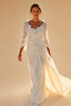 Grecian Boho Wedding Dress V‑Neck Batwing Sleeve Draped Ruched A‑Line Bridal Gown Sweep Train For Outdoor Garden Wedding