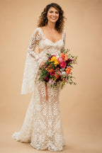 Boho Long Batwing Sleeves Lace Wedding Dress Drop Ship Customized Mermaid Rustic Beach 2026 Square Neck Open Back Bridal Gowns