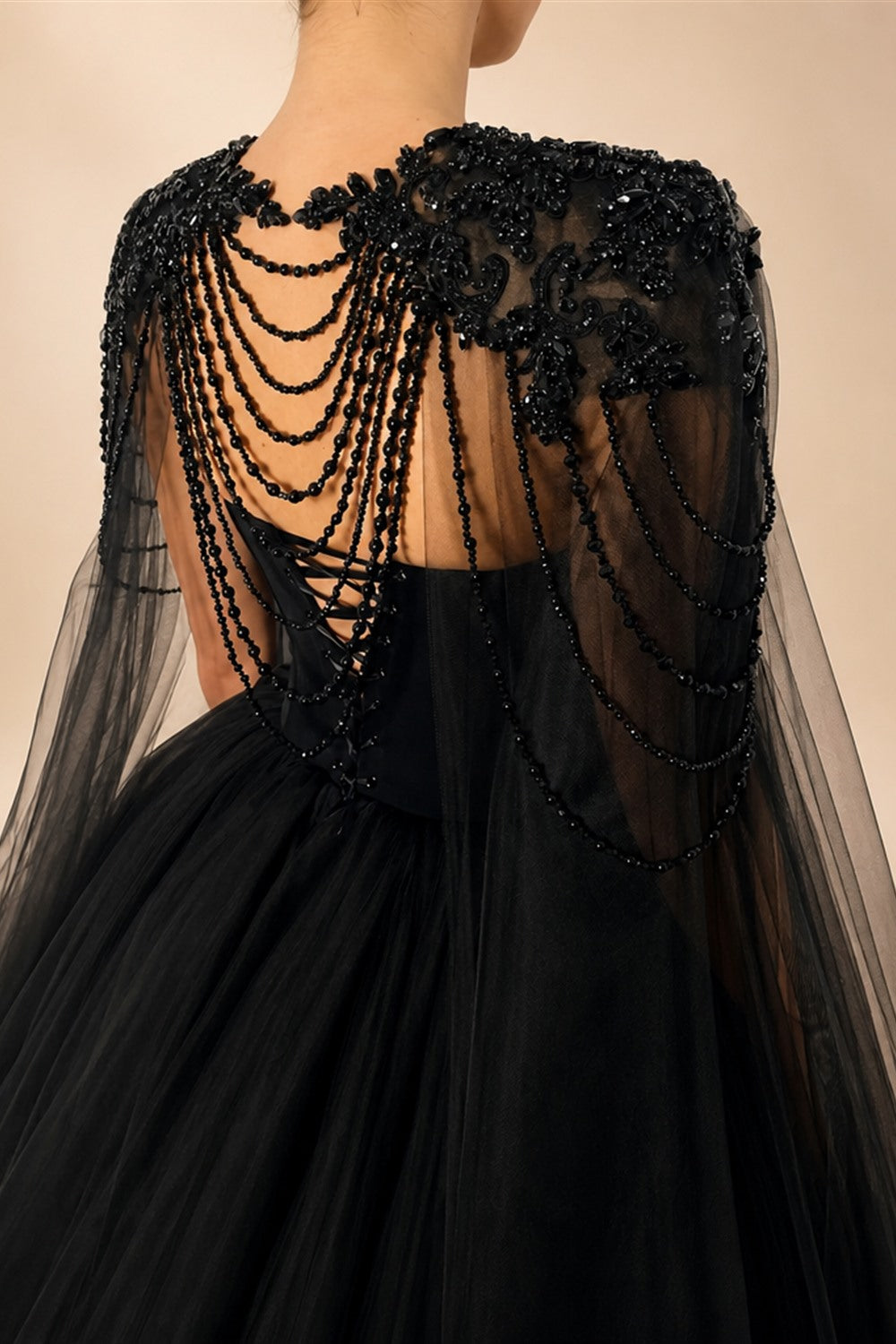 Black Luxury Gothic  Wedding Dress Beaded Tulle Ball Gown With Sheer Beaded Cape ZP028