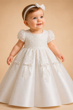 Off the Shoulder White Satin Ball Gown Flower Girl Dress with Long Cathedral Train ZP017