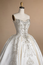 White Satin Strapless Ball Gown Wedding Dress with Luxurious Beaded Lace and Cathedral Train ZP016