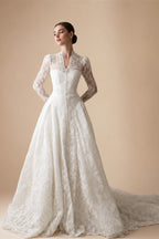 Vintag White Lace High Neck Long Sleeve A-Line Wedding Dress with Train ZP110