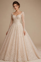 Customized Wedding Dress Vestido De Noiva Fashion High Neck Long Sleeves Top Lace Satin Bridal Gown Sweep TrainRobe Mariee