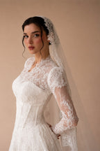 Romantic White Lace Long Sleeve A-Line Wedding Dress with Veil ZP109