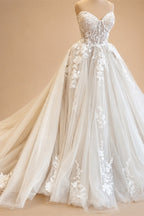Custom Court Train Wedding Dress Featuring Tulle Lace Bodice Gown