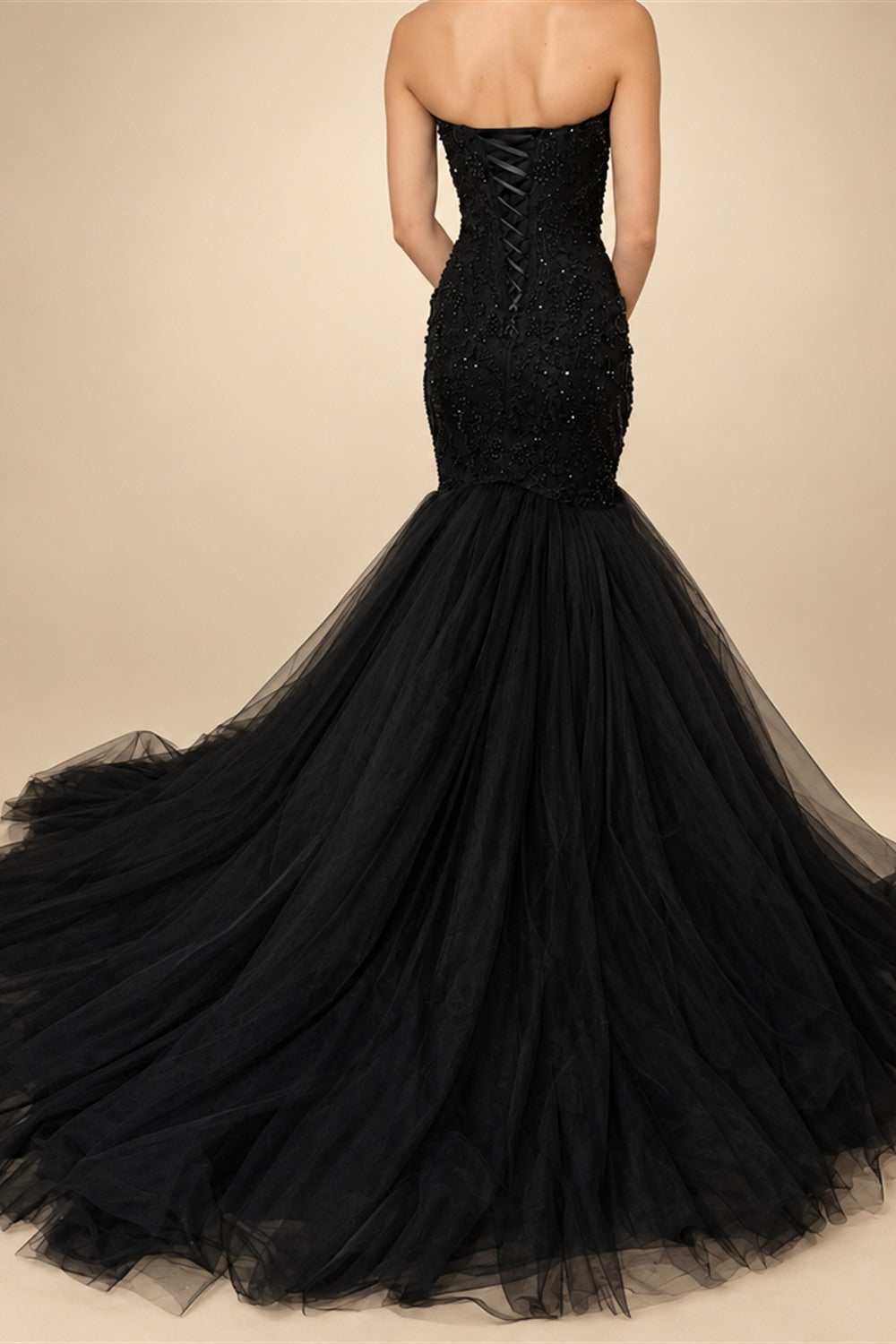 Black Luxury Gothic Wedding Dress Mermaid Beaded Lace Tassel Cape  ZP196