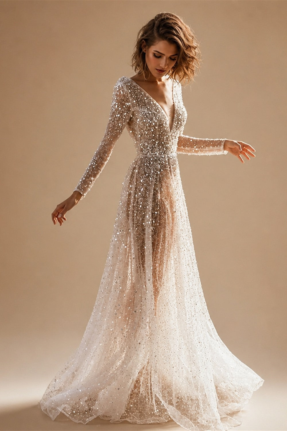 Mordern V- Neck Sequins Wedding Dresses Long Sleeves Floor Length Backless Bridal Gowns Robe De Marié