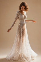 Mordern V- Neck Sequins Wedding Dresses Long Sleeves Floor Length Backless Bridal Gowns Robe De Marié