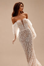 White Nude Lace Mermaid Wedding Dress Luxury Beaded Sequins   Tulle Gloves ZP032