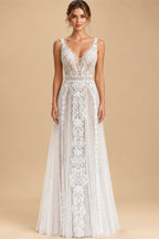 Custom Summer Boho A Line Wedding Dress With Lace V Neck
