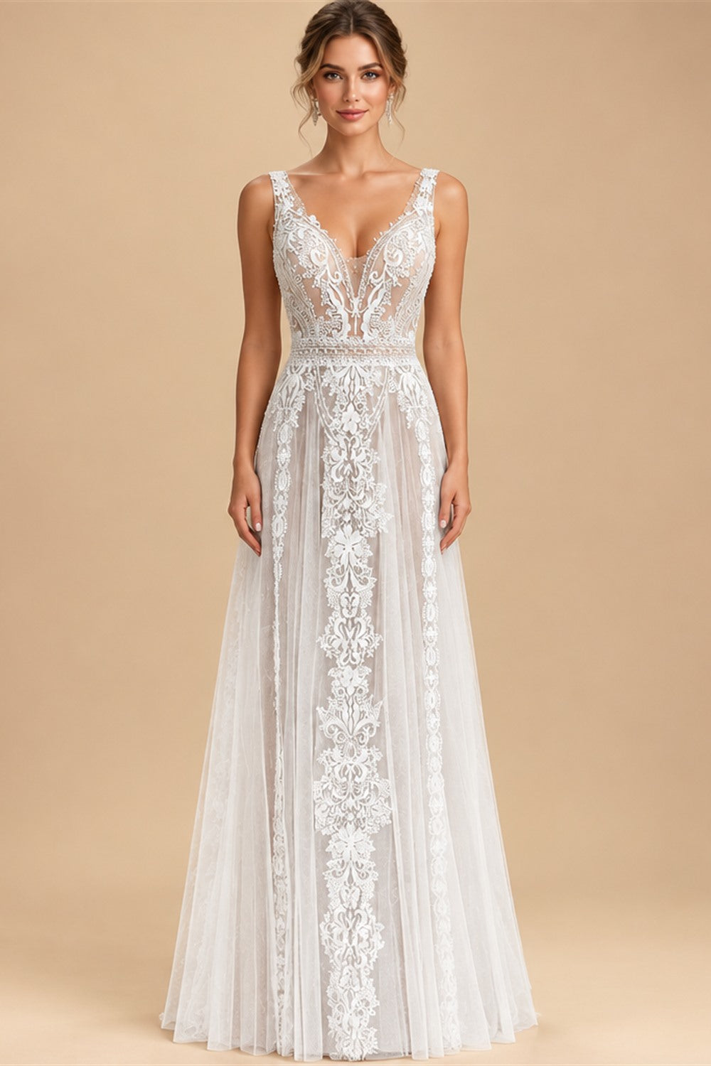 Custom Summer Boho A Line Wedding Dress With Lace V Neck