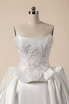 Luxury White Satin Strapless Beaded Ball Gown Train Wedding Dress ZP152