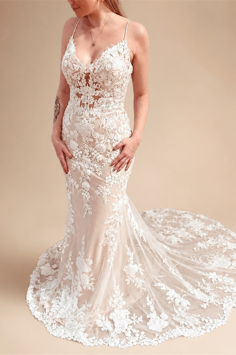 Custom Made Champagne Lace Mermaid Wedding Dress With Spaghetti Straps