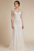 Princess Wedding Dress Customized Puff Sleeves Illusion Back Buttons Applique Sweep Train Vestido De Noiva Bridal Gown