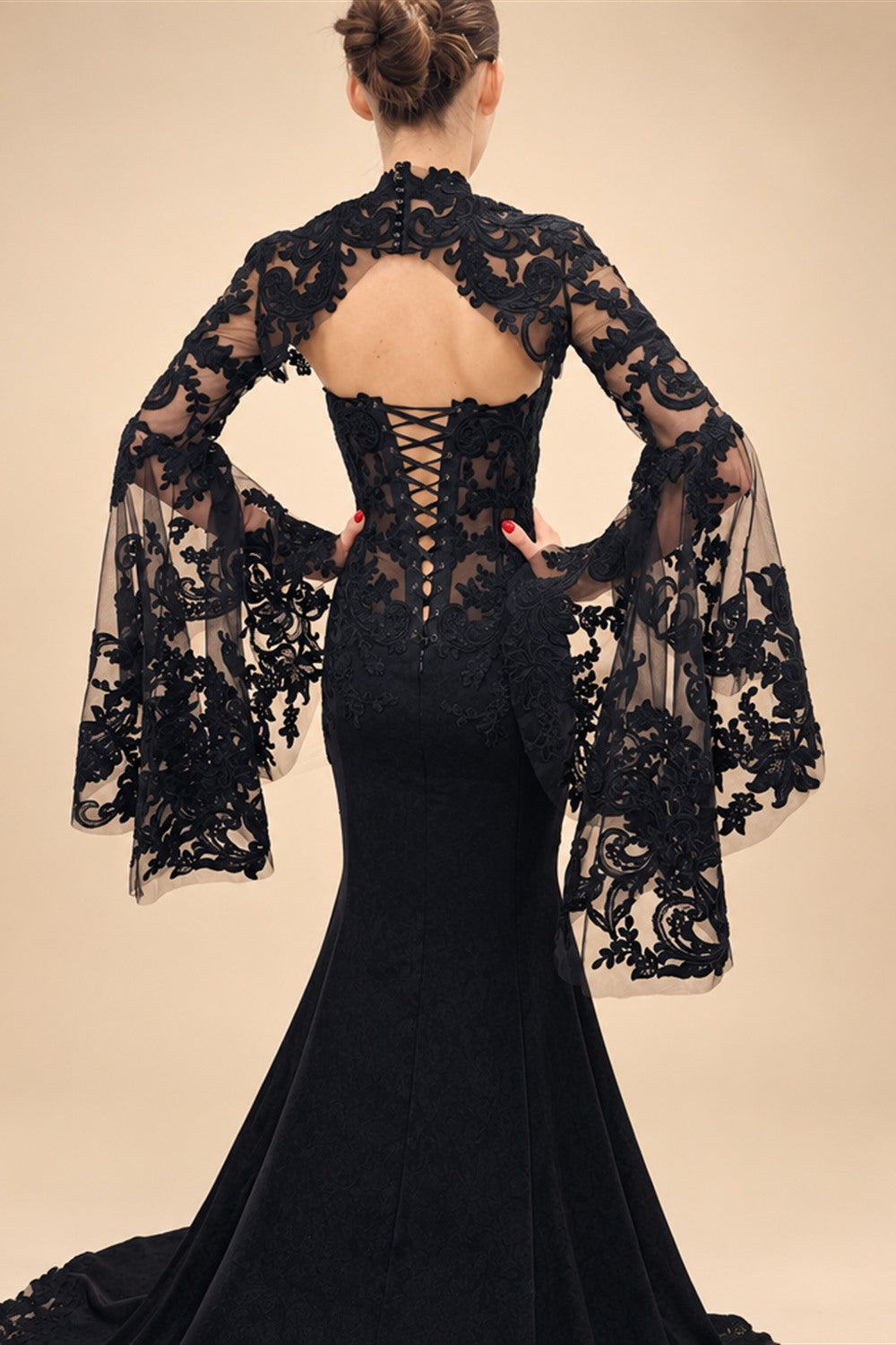 Black Luxury Gothic  Wedding Dress Sheer Lace Mermaid  ZP200