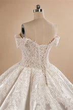 Luxury White Off-the-Shoulder Lace Satin Ball Gown Wedding Dress ZP069
