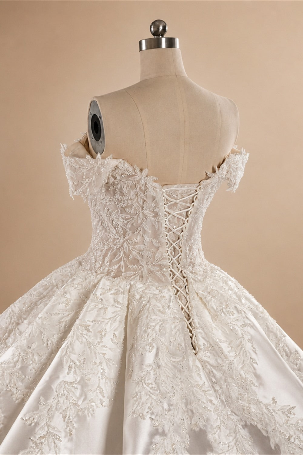 Luxury White Off-the-Shoulder Lace Satin Ball Gown Wedding Dress ZP069