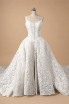 White Floral Lace Strapless Bridal Gown Sweetheart Neckline Front Button Ball Gown ZP011