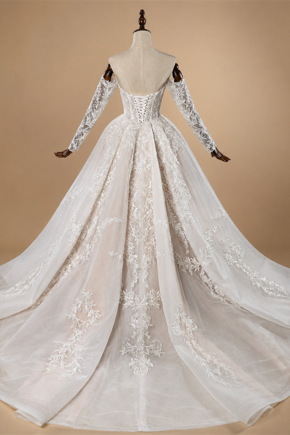 Elegant Ivory Strapless Corset Lace Tulle Bridal Gown Wedding Dress with Long Detachable Sleeves ZP067