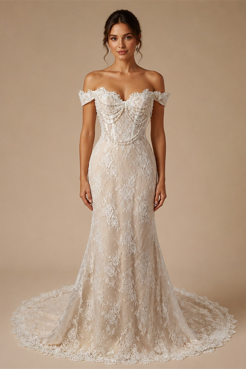Opulent Ivory Off-the-Shoulder Beaded Lace Tulle Ball Gown Wedding Dress ZP127