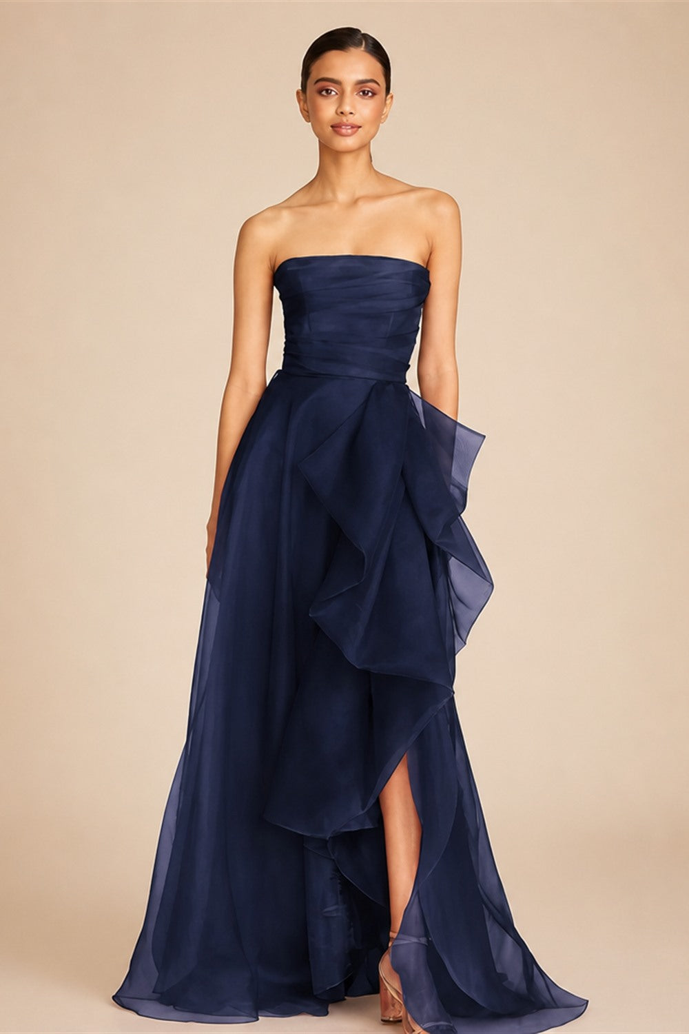 Navy Blue Organza فساتين السهرة Sexy Side Split Sleeveless Vestidos De Noche Strapless A-line Prom Dress Customized