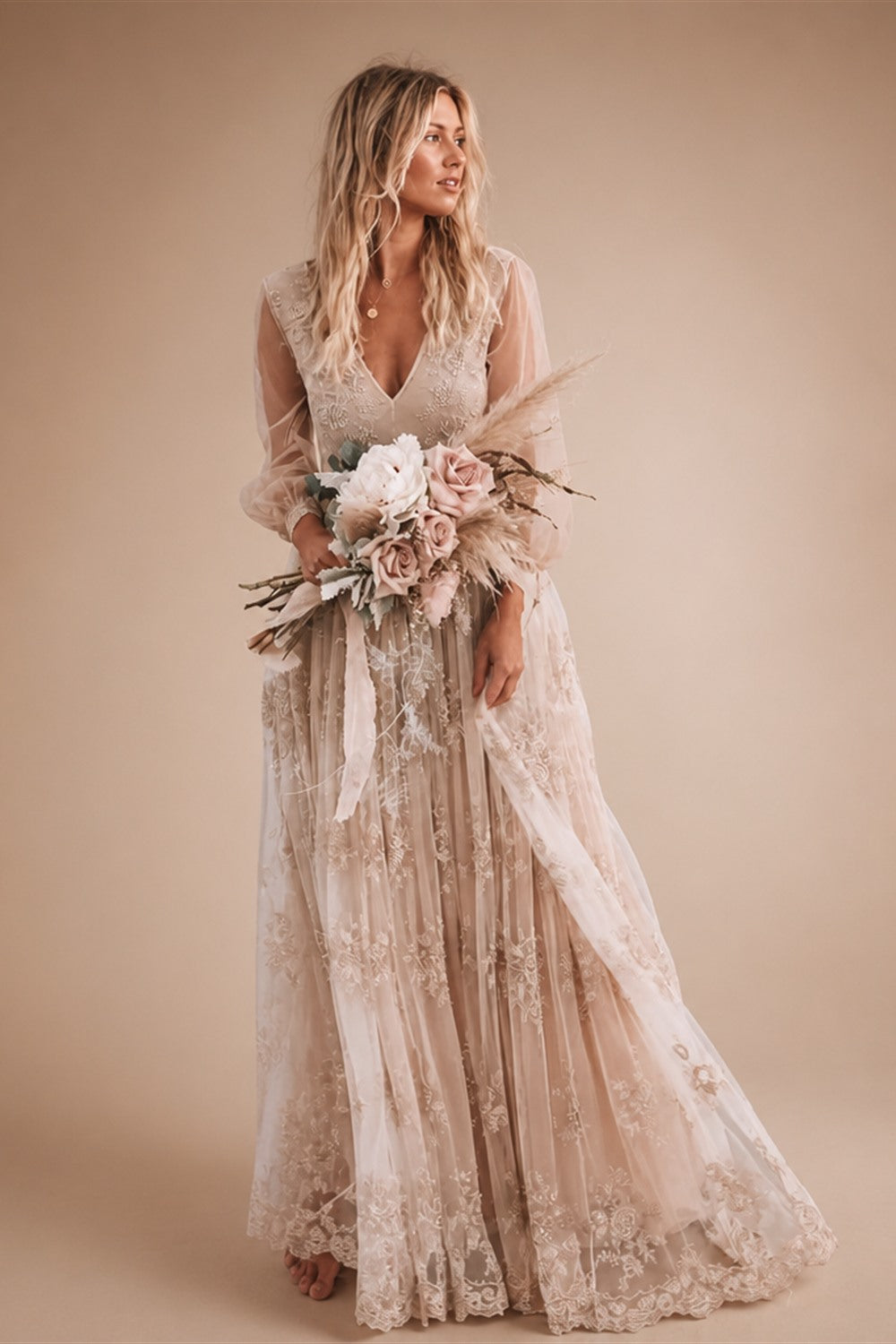 Customized Boho Lace Embroidered Long Sleeve Wedding Dress Deep V Neck and Flowy Lace Skirt for Beach Bridal Dress