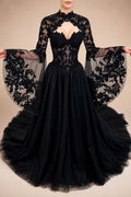 Black Luxury Gothic  Wedding Dress Sheer Lace Ball Gown  ZP029