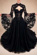 Black Luxury Gothic  Wedding Dress Sheer Lace Ball Gown  ZP029