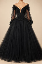 Black Luxury Gothic Wedding Dress 3D Floral Corset Tulle Ball Gown With Train  ZP201