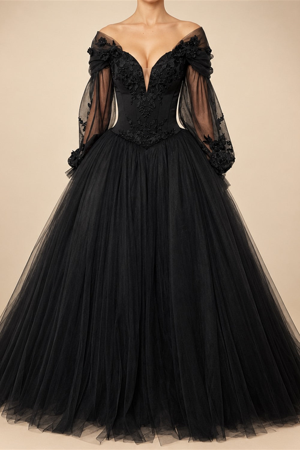 Black Luxury Gothic Wedding Dress 3D Floral Corset Tulle Ball Gown With Train  ZP201