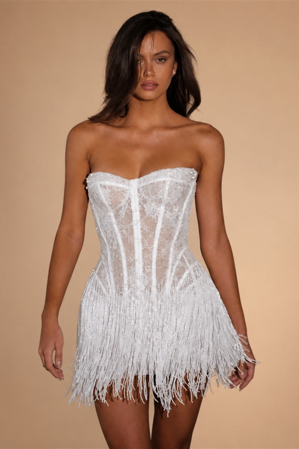 Kyoto Customized White Lace Tassel Mini Wedding Dress Strapless Sheath vestidos de noiva Lace-up Back After Party Dresses 2025