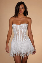 Kyoto Customized White Lace Tassel Mini Wedding Dress Strapless Sheath vestidos de noiva Lace-up Back After Party Dresses 2025