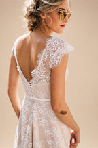 Vintage Champagne Lace Bohemian Wedding Dress A Line Cap Sleeve