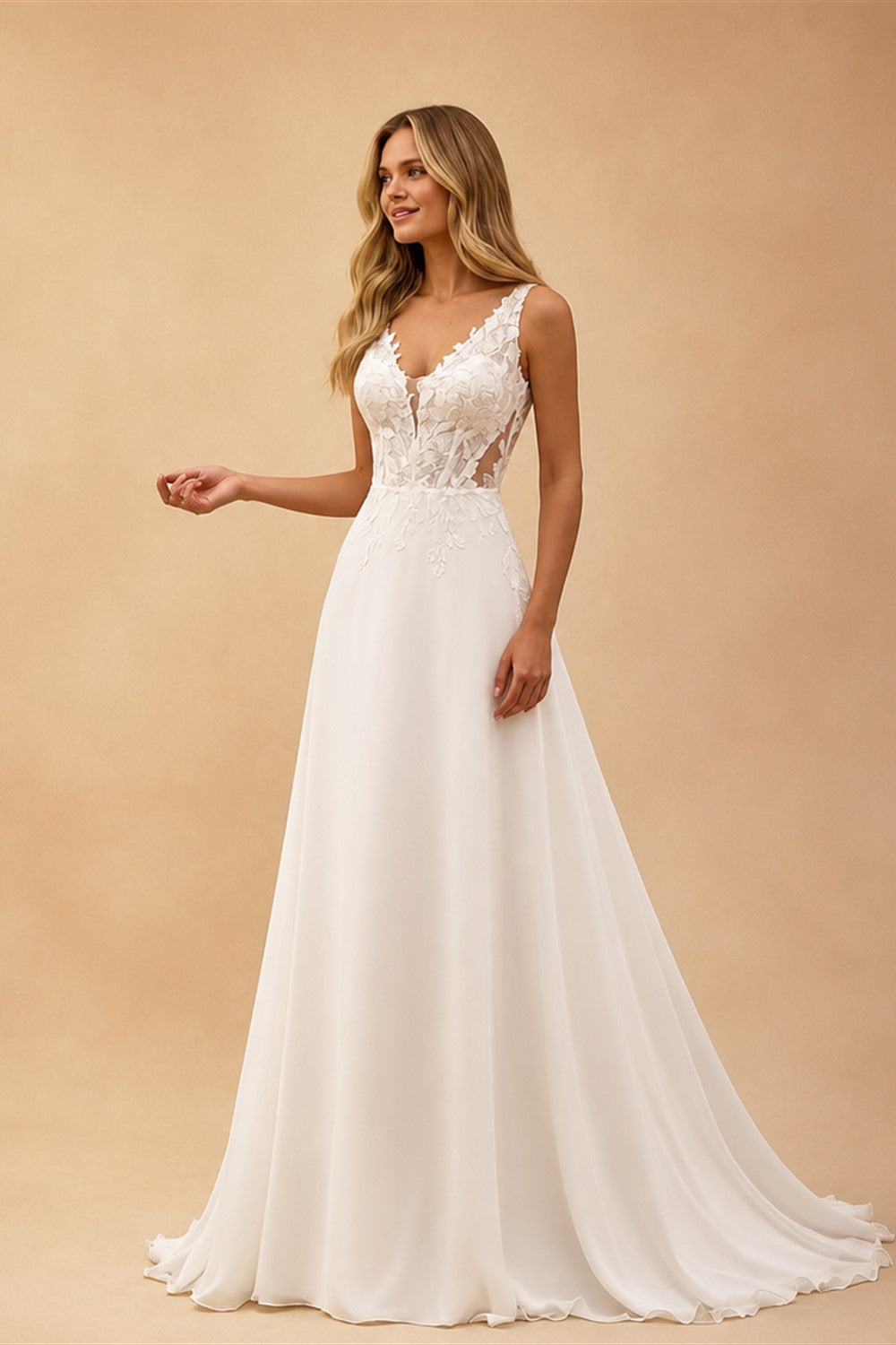 Boho A Line Chiffon Wedding Dress Sleeveless Deep V Lace Sheer Back Buttons Sweep Train Beach Bridal Gown Custom Vestido Novia