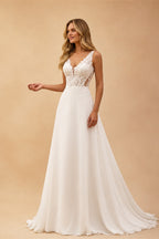 Boho A Line Chiffon Wedding Dress Sleeveless Deep V Lace Sheer Back Buttons Sweep Train Beach Bridal Gown Custom Vestido Novia