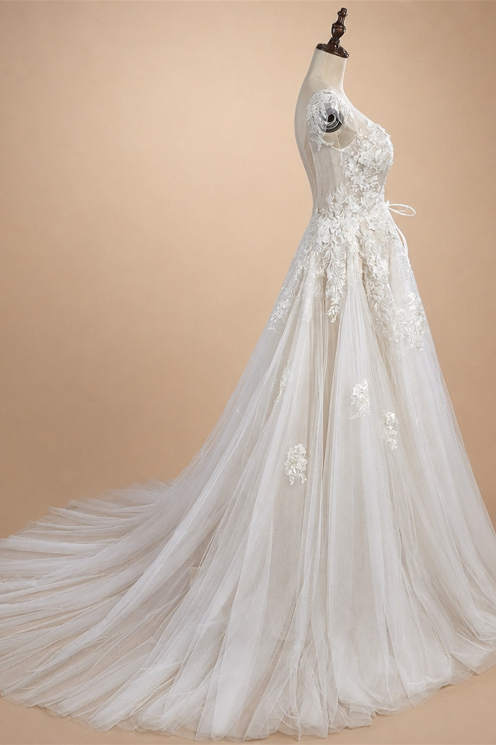 Elegant Ivory V-Neck Cap Sleeve A-Line Lace Tulle Wedding Dress ZP055