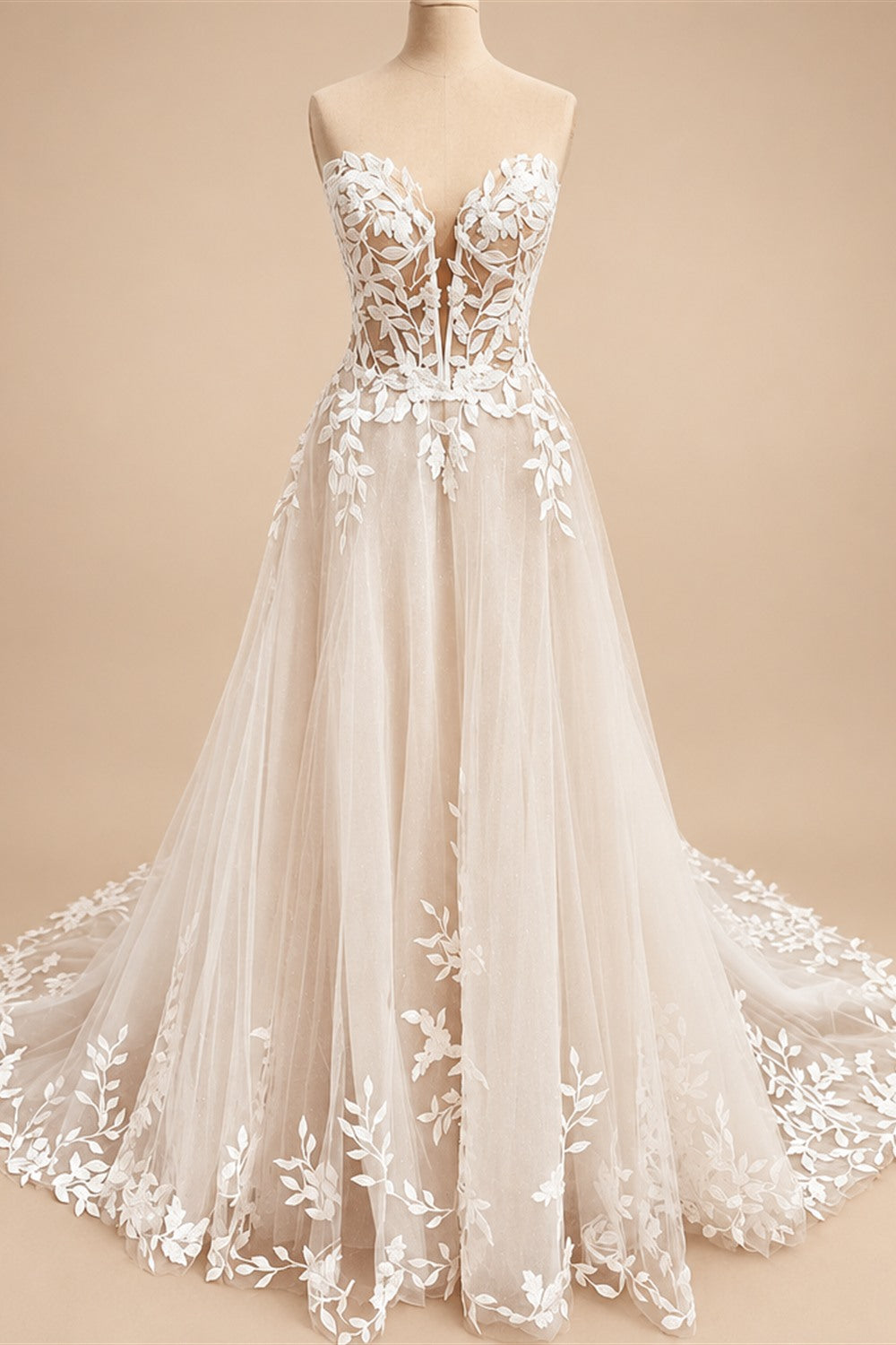 Custom Sweetheart A Line Wedding Dress With Glitter Lace Applique