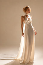 Halter Satin Sleeveless Deep V-neck Wedding Dress Sexy Mermaid Backless Wedding Gown with Court for Bridal Vestidos De Novia