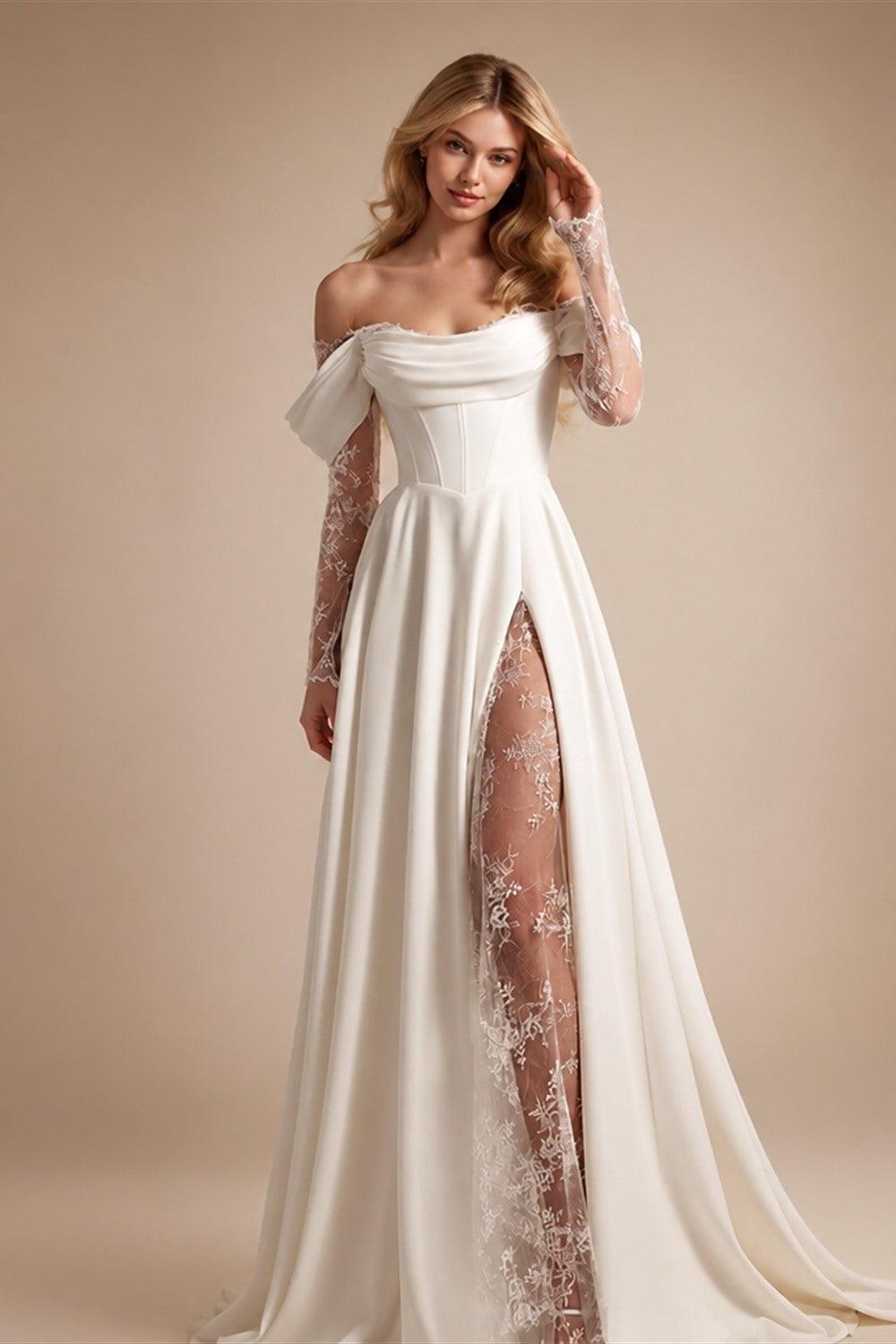 Customized Strapless Corset Designs 3/4 Lace Sleeve Wedding Dress A-Line Front Split Lace Up Bridal Gowns Vestidos De Novia
