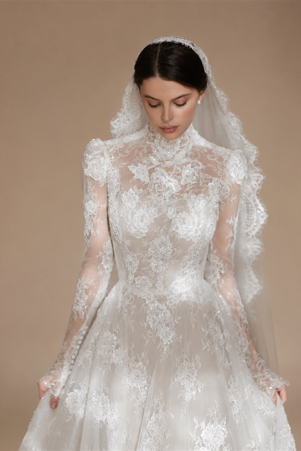 Regal Ivory Lace High Neck Long Sleeve Wedding Dress with Cathedral Veil ZP105