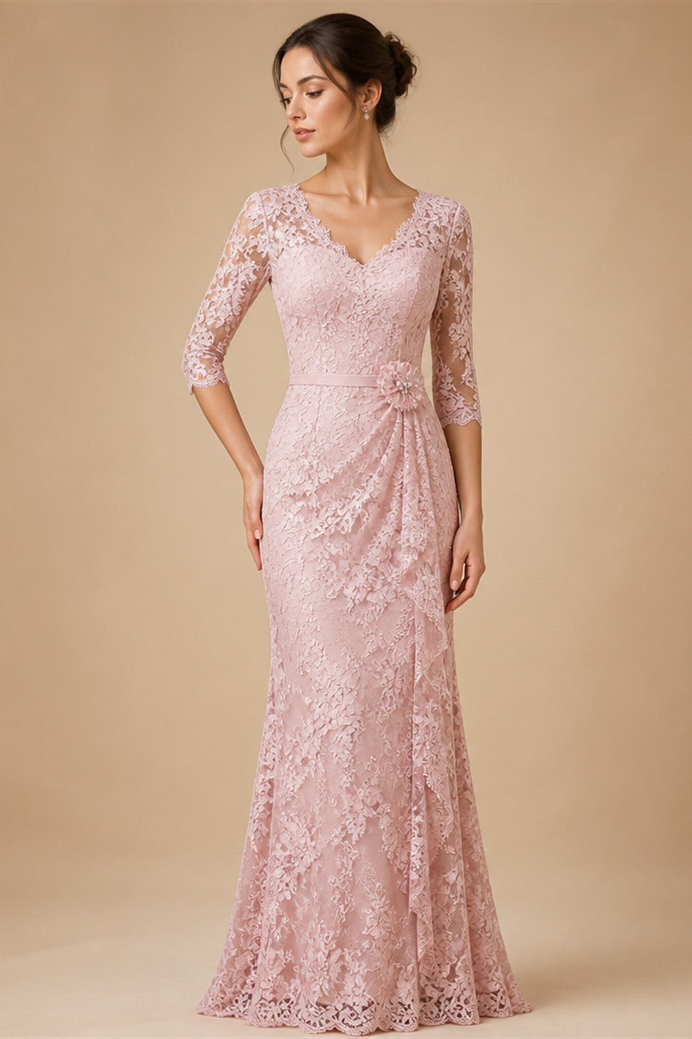 Romantic Deep V Neck Custom Bridal Gown With Floral Lace Sweep Train