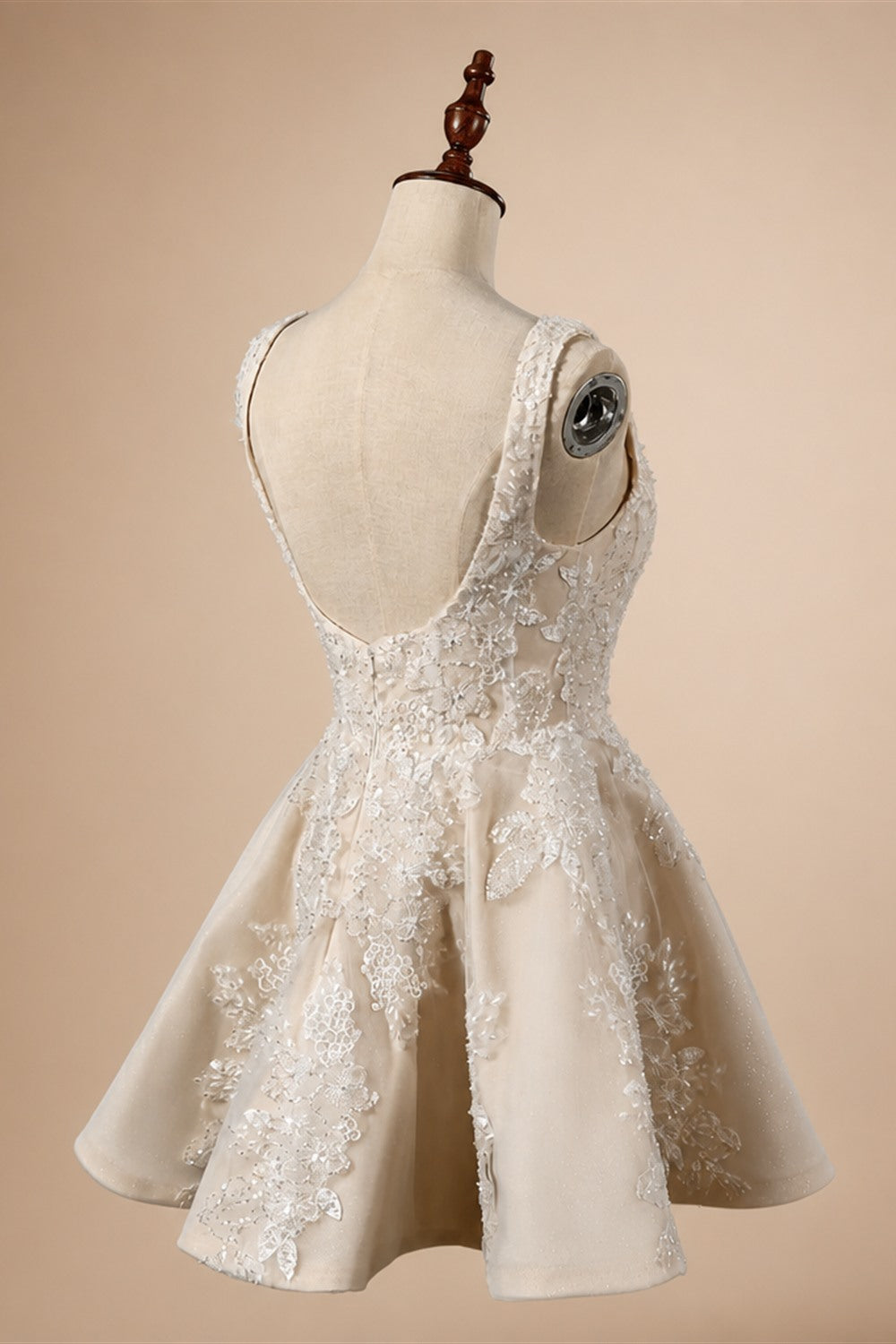 Romantic Champagne Sleeveless A-Line Short Wedding Dress with Deep V Back ZP046