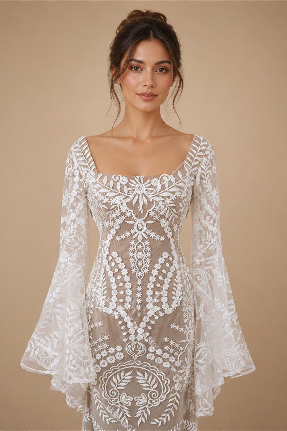 Boho Long Batwing Sleeves Lace Wedding Dress Drop Ship Customized Mermaid Rustic Beach 2026 Square Neck Open Back Bridal Gowns