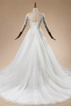 Glamorous White Illusion Neck Lace & Tulle Wedding Dress with Cathedral Train ZP063