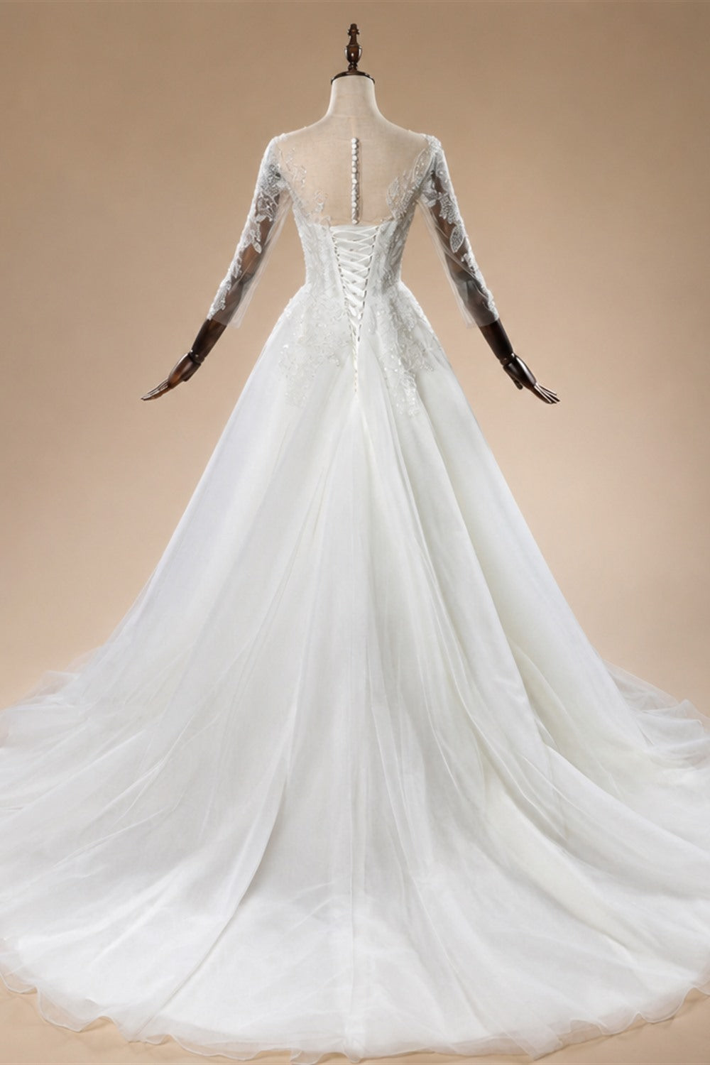 Glamorous White Illusion Neck Lace & Tulle Wedding Dress with Cathedral Train ZP063