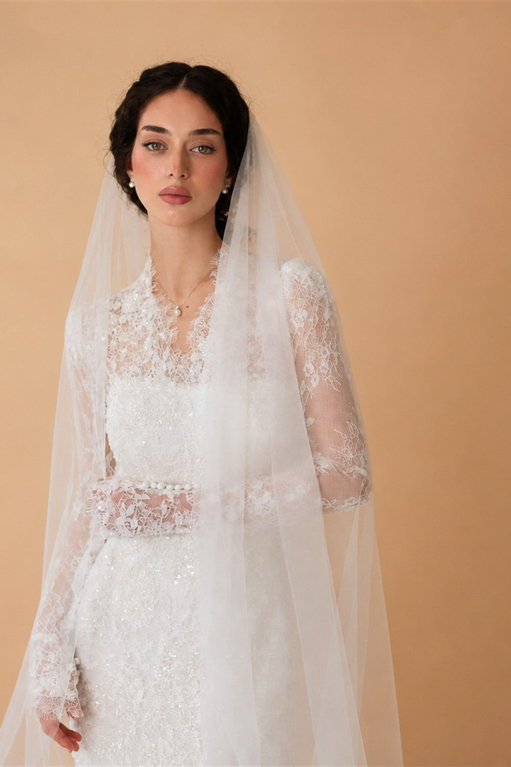 Elegant Ivory Lace High Neck Long Sleeve Train Mermaid Wedding Dress with Veil ZP108