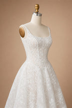 White Lace Spaghetti Strap Bridal Gown Square Neck Beaded Corset Ball Gown ZP012