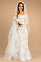 White Beaded Lace Bridal Gown with Off Shoulder Long Sleeves ZP203
